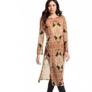 Calypso Saint Barth Womens Beaded Dallion Tunic Top Brown Combo Slit Side Silk S